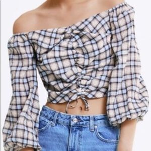 Zara Off Shoulder Plaid Ruched Crop Top